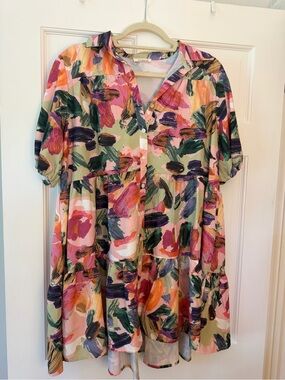 Abstract Brushstroke Tiered Mini Dress in Pink & Green